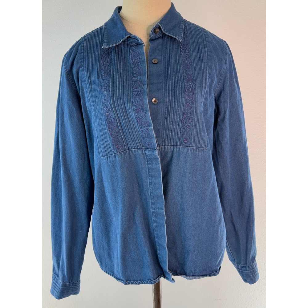 Vintage 90s Y2K Talbots Denim Shirt Embroidered Button Front Cotton Blue Pintuck